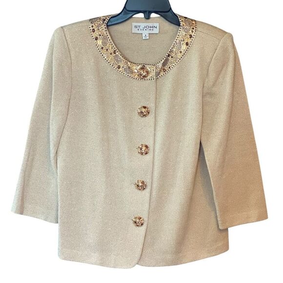 St. John Sz 8 Gold Bronze Metallic Knit Rhinestone Trim Buttons Vintage Jacket - Picture 2 of 8